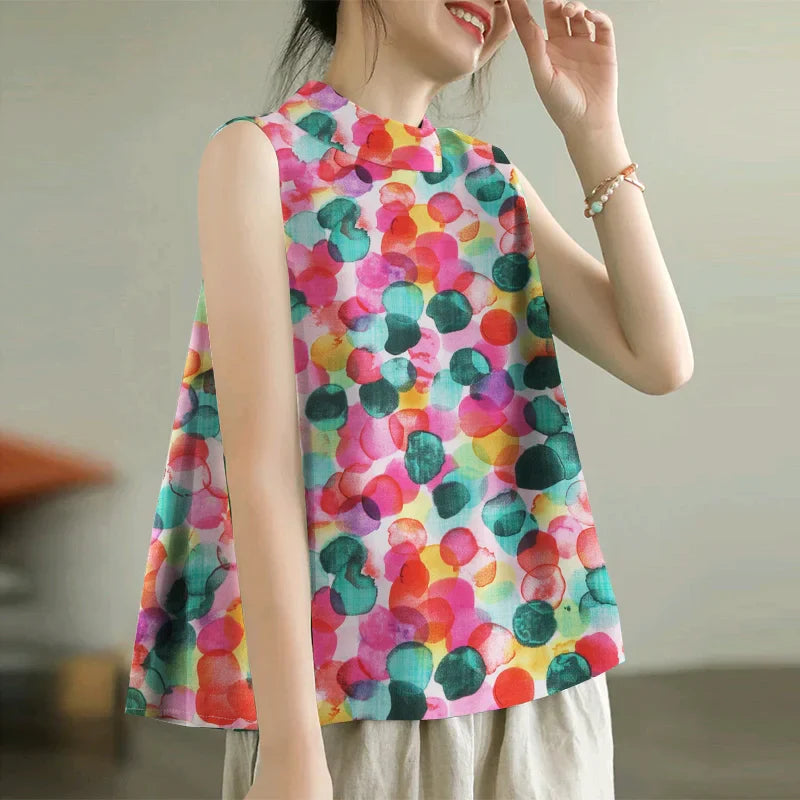 Women Dots Tank Tops 2024 Summer Sleeveless Camis Blouse Korean Fashion Round Neck Shirt Casual Loose Round Neck Tunics