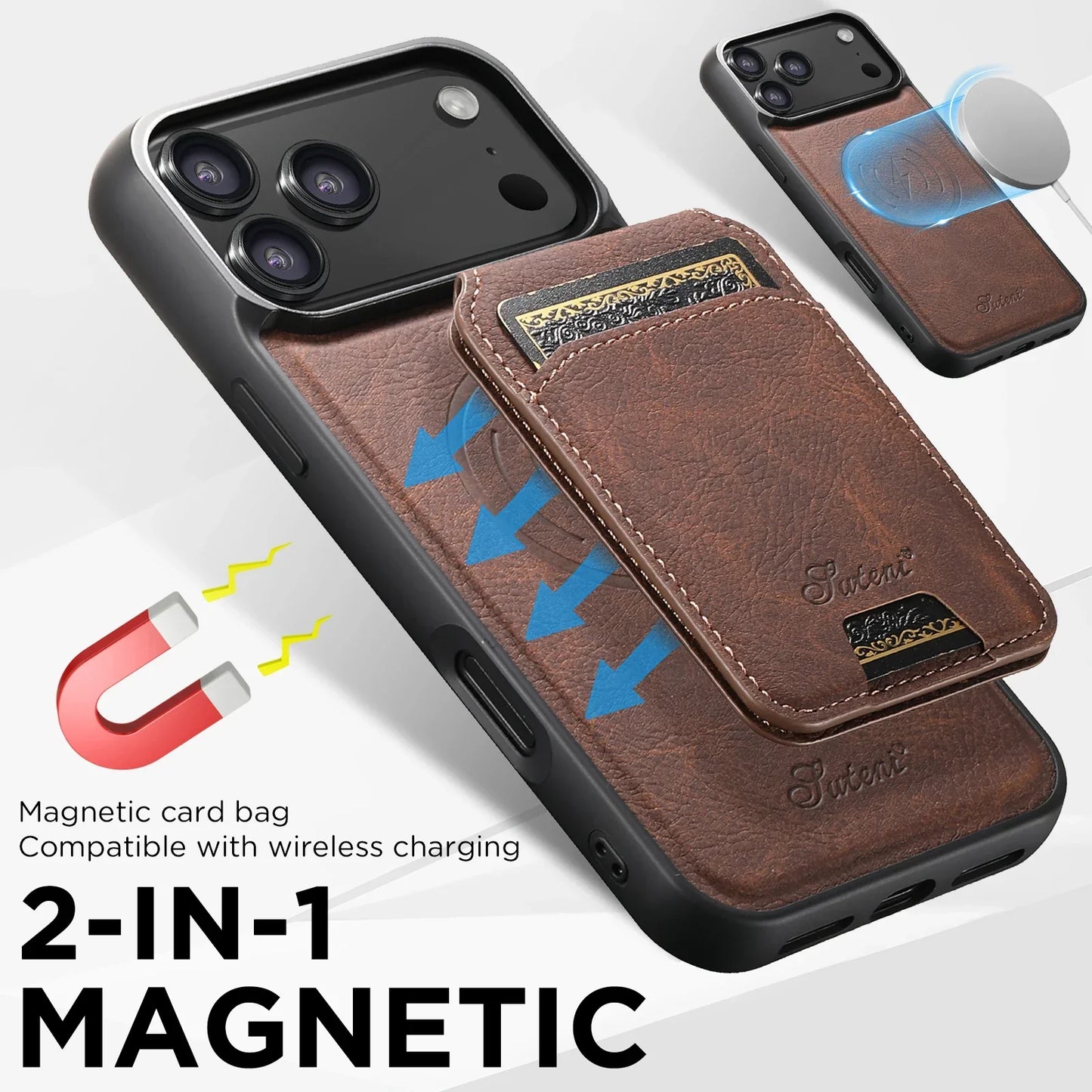 Wireless Charging Phone Case Magnet Card Holder Stand Faux Leather For iPhone 17 Pro Max 16 Plus 15 14 13 12