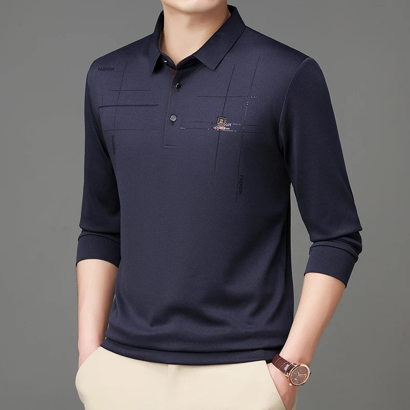 2025 Latest Autumn New Men's Long Sleeve Polo Shirt Middle Aged Business Comfortable Solid Color Men's Collar T-shirt