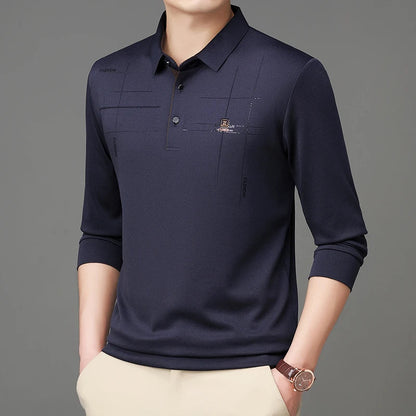 2025 Latest Autumn New Men's Long Sleeve Polo Shirt Middle Aged Business Comfortable Solid Color Men's Collar T-shirt