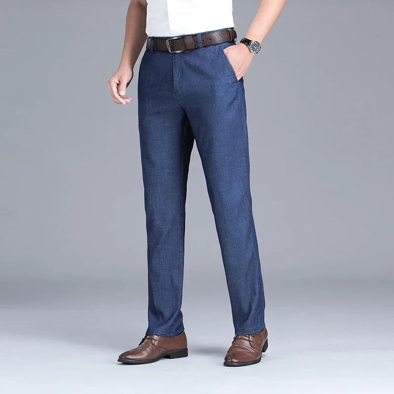 2026 New Men's Summer Jeans Thin Loose Stretch Large Size Ice Silk Straight Pants Elite Business Casual Pants Smoke Gray Blue