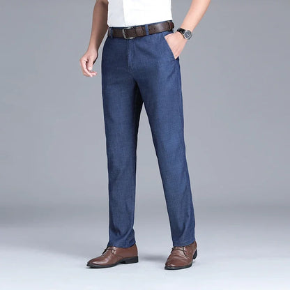 2026 New Men's Summer Jeans Thin Loose Stretch Large Size Ice Silk Straight Pants Elite Business Casual Pants Smoke Gray Blue