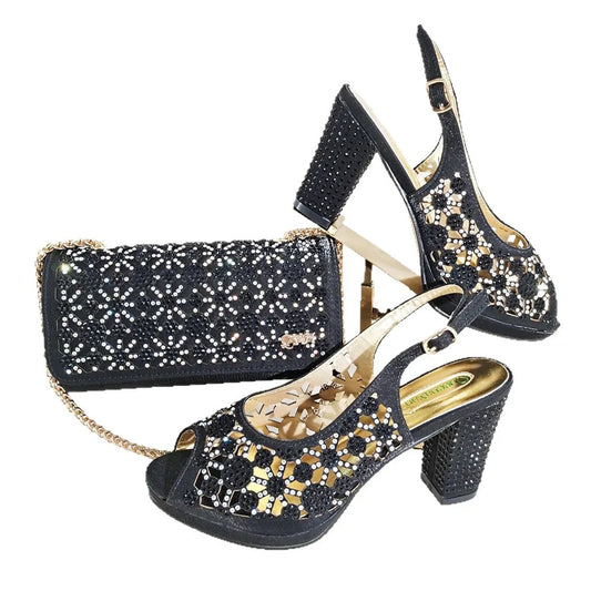 New Italian Design Open Toe Women High Heels for 2025 Elegant Party Wine Color Diamond Pumps Shoes and Bags Matching Set