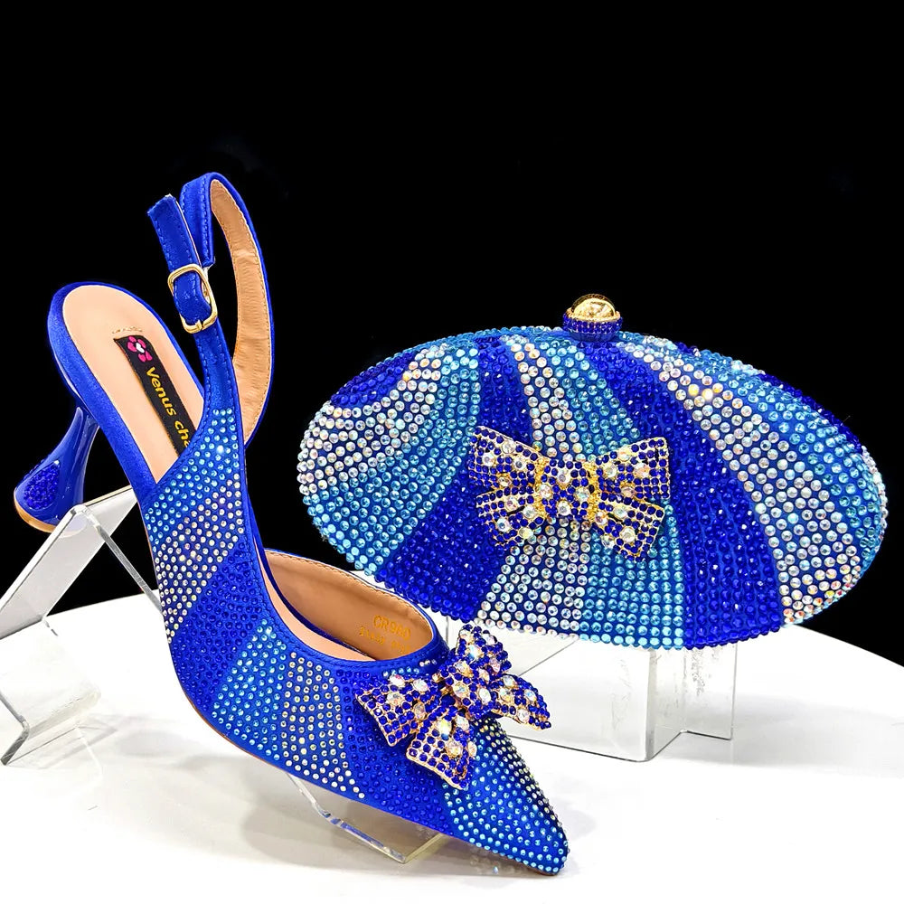 Nigerian-Inspired Rhinestone High Heels for Women with Purple Oval Bag – Stylish Ladies' Footwear & Accessory Set