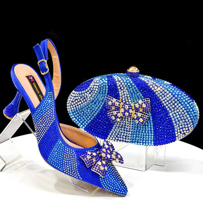 Nigerian-Inspired Rhinestone High Heels for Women with Purple Oval Bag – Stylish Ladies' Footwear & Accessory Set