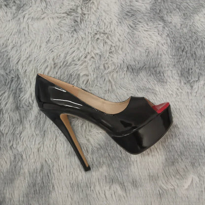 Women Pumps Sexy Peep Toe Platform 14cm Super High Heels Patent Leather Shoes Red Wedding Stilettos Large Size 44