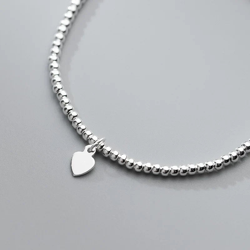 16cm Bracelets For Women Silver 925 Heart Silver Elastic Rope Round Bead Chain Sterling 925 Silver Women's Bracelet
