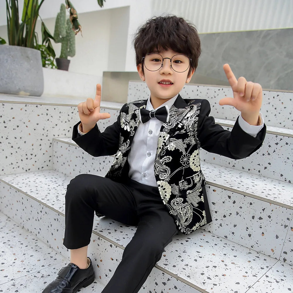 Children Formal Dress Kids Flower Jacket Pants Bowtie 3PCS  Piano Costume Boys Bronzing Show Host Handsome Photography Suit