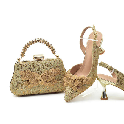 2026 Nigerian Style Rhinestone Medium Heeled Sandals for Women Fashion Wedding Party Shoes and Bags Set with Rhinestone