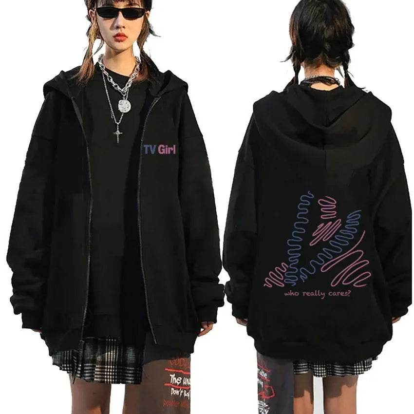 TV Girl Who Really Cares Graphic Print Zipper Hoodie Men Women Fashion Casual Oversized Zip Up Jacket Male Fleece Sweatshirts