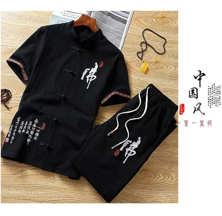 Summer Chinese style Shirts + Pants Dragon Embroried 100% Cotton linen Sportswear Men's Casual Sets Male Fashion Chinese style