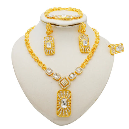 Women Gold Color Jewelry Sets Blue Pendant Necklace Earrings Bracelet Ring Sets Party Gifts