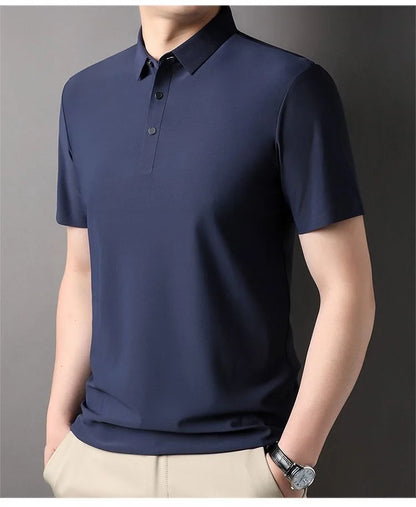 High quality wrinkle resistant ice silk short sleeve t-shirt men's summer Lapel loose casual solid color top high-end polo men