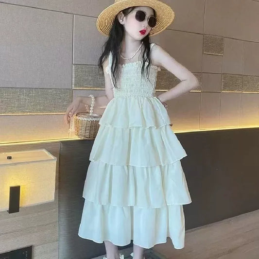 Girls Sling Dress Summer Children Layers Slip Long Gown Kids Birthday Party Vestidos Clothes Teen Casual Sleeveless Dress 4-12Y