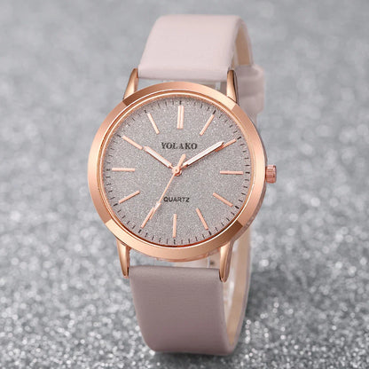 2PCS/Set Women's Watch Shiny Fashion PU Leather Analog Quartz Watches Rose Flower Bracelet