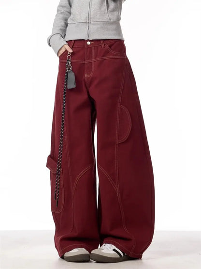 Calça Cargo Jeans Casual Vermelha Feminina Calça de Trabalho Folgada Reta Perna Larga Calça Coreana Primavera Estilo Preguiçoso Confortável Chique