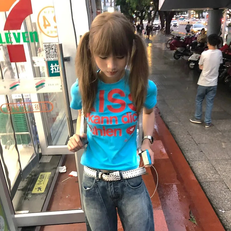 Japanese Y2k Letter Print T-shirt Trashy 2000s Style Crop Top Vintage Harajuku Short Sleeve Tee Shirt American Retro 90s
