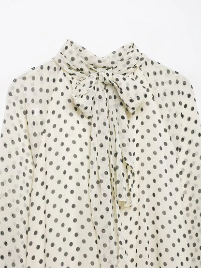 New Women Bow Collar Blouse Vintage Polka Dot Printed Loose Tops Fashion Elegant Spring Long Sleeve Commuting Shirts