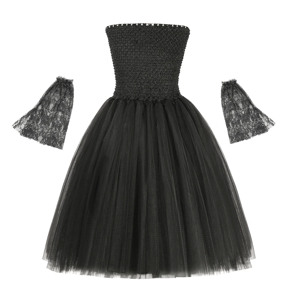 Halloween Maleficent Costume for Girls Evil Queen Dress Up Costumes Witch Devil Black Mesh Princess Dress Cosplay