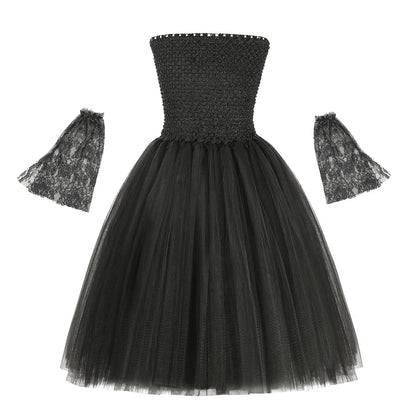 Halloween Maleficent Costume for Girls Evil Queen Dress Up Costumes Witch Devil Black Mesh Princess Dress Cosplay