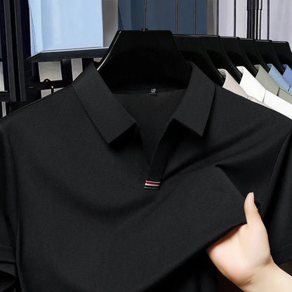 High quality brand solid color V-neck short sleeve polo shirt men summer fashion simple casual ice silk breathable lapel T-shirt