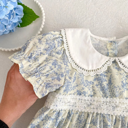 2026 Novo Vestido de Verão para Meninas Crianças 2-6 Anos Vestido de Manga Curta Bufante Estampa Floral Gola Franzida Algodão Doce