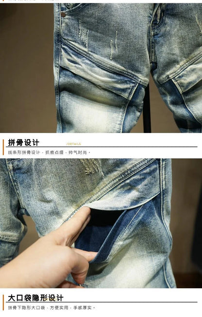 2024 Spring and Autumn New Fashion Trend Solid Color Retro Motorcycle Jeans Men's Casual Loose Comfortable Straight Leg Pants
