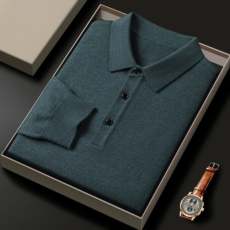 Fashion luxury knitted long sleeve polo shirt men's autumn new trend simple solid color soft skin friendly comfort lapel sweater