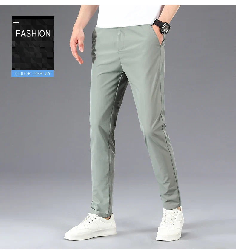 Business Thin Men's Breathable Pants Slim Straight High Elastic Slim Casual Pants Male Brand Clothing Khaki Gray Green Black