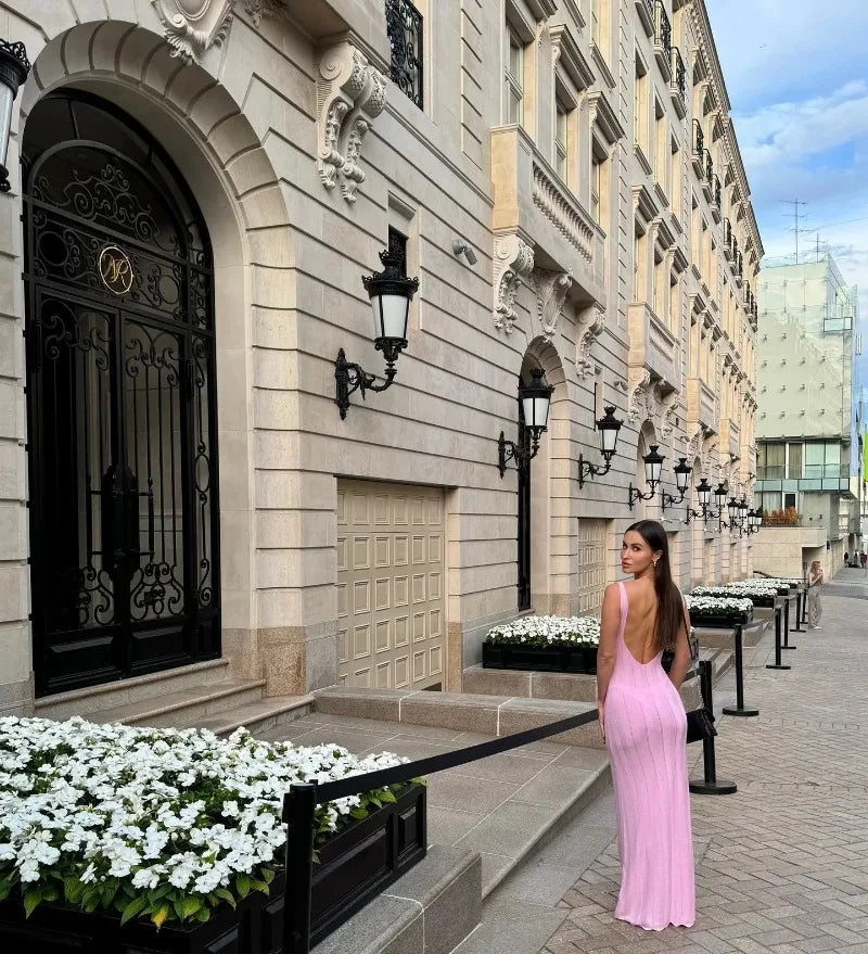 Backless Dress For Women V Neck Slim Sleeveless Suspender Maxi Dress Vacation Sexy Beach Knitted Elegant Long Dress