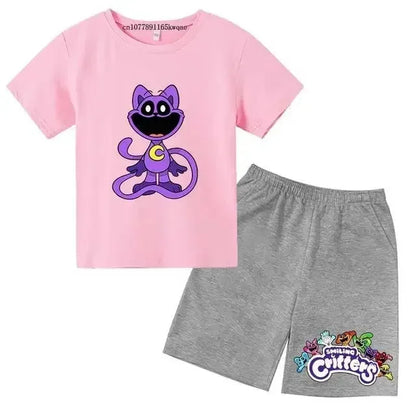Smiling Critters Cartoon Print Kids Summer Cute 2pcs Soft T-shirts+Pants Suits 2-13Years Boys Girls Casual Sets Children Clothes