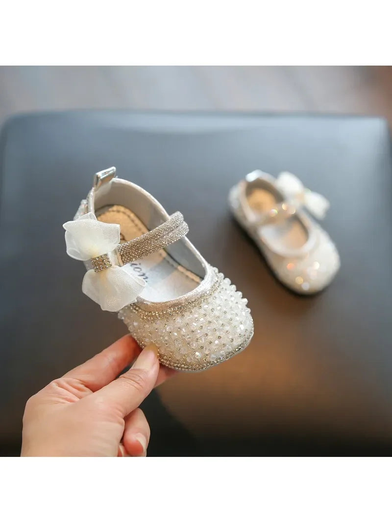Girls Princess Shoes Lace Mesh Bows Kids Walking Shoes Non-slip Shiny Sequins 2025 New Children Flat Shoes Soft Sole Non-slip