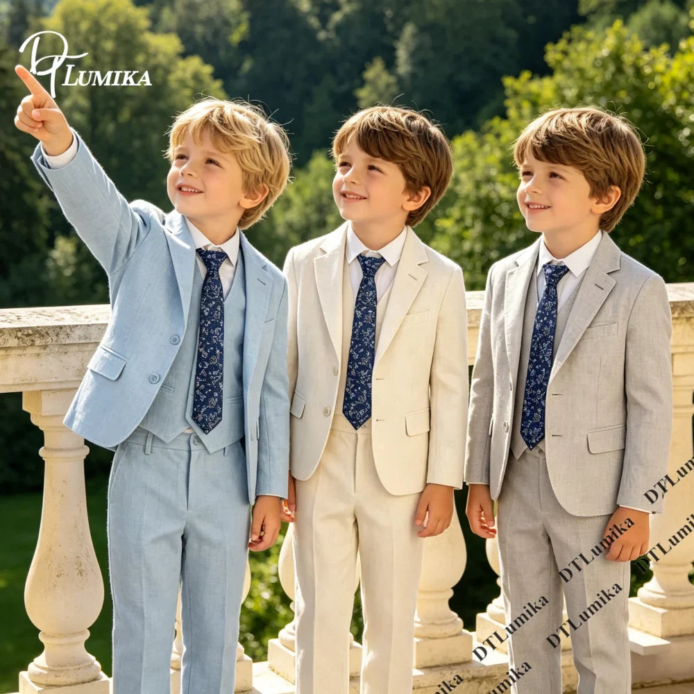 Ship Today Wedding Ring Bearer Page Boy Tuxedo Communion Suit Boy's Formal Linen Suit 4-Piece Jacket Vest Pants Tie Bowtie
