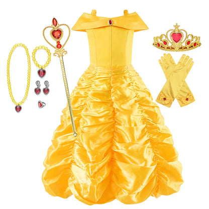Yellow Princess Dress Halloween Cosplay Costumes Beauty and The Beast Kid Dress For 2-10Y Girls Birthday Party Children Clothing