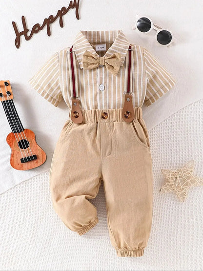 2-piece set of male baby gentleman's clothing, short sleeved shirt, bow tie, tie and suspender, long pants, spring and summer