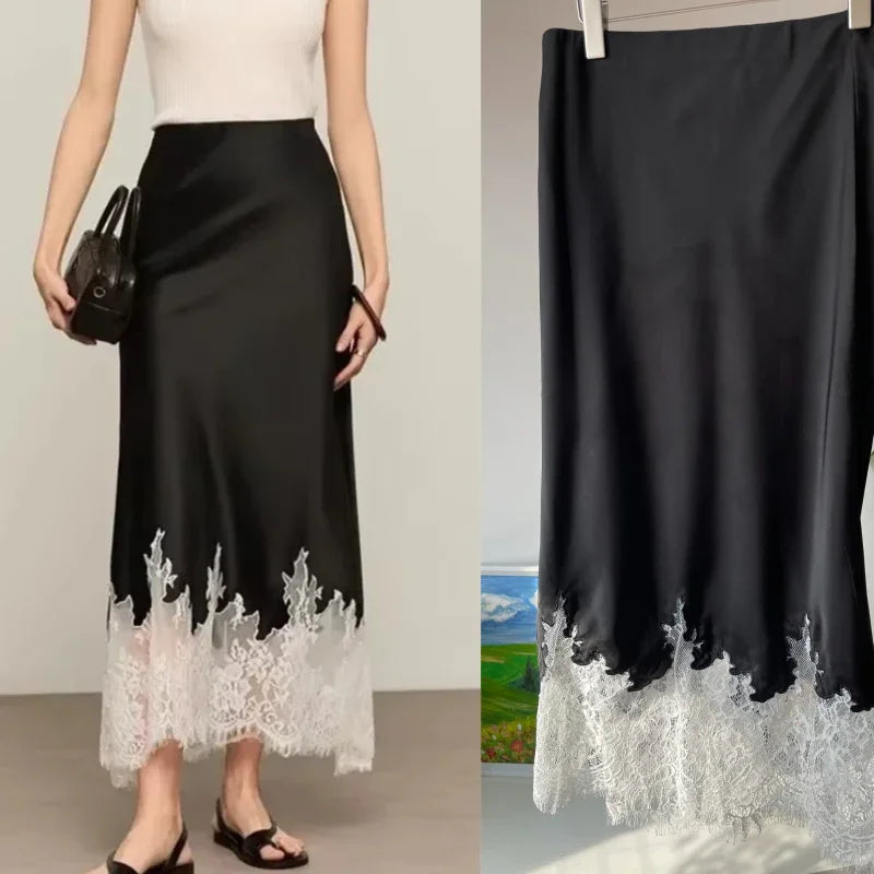 Fairy Elegant Lace Trim Satin Skirt Women High Waist Wrapped Hip Slim Midi Lace Hem Skirt Office Summer Daily Chic Lady Clothes