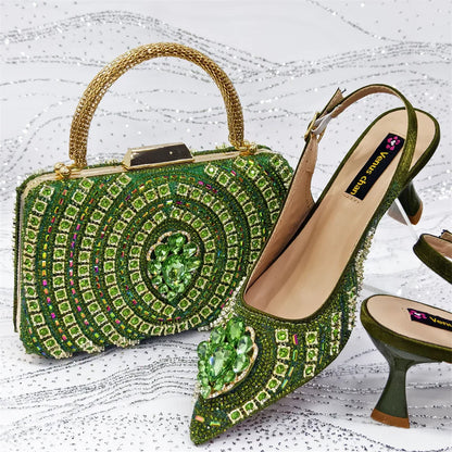 Popular Pointed Women Shoes Heels and Bags Rhinestone Chain Ladies Wedding Party Elegant and Luxurious Fashion