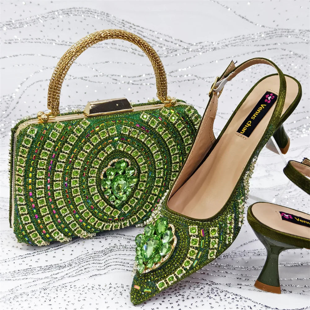 Elegant Fruit Green Women's Green Heels and Rhinestone Handbag Set - Italian Design for Weddings and Parties