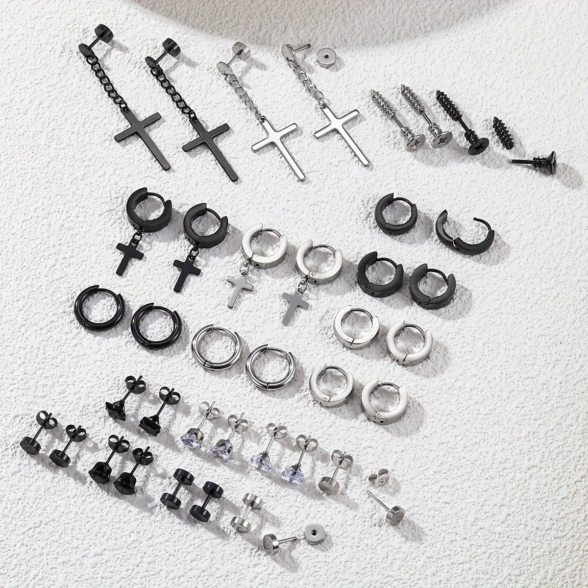 Simple Stainless Steel Zircon Stud Earrings For Men, Cross Pendant Hoop Earrings For Daily Wear