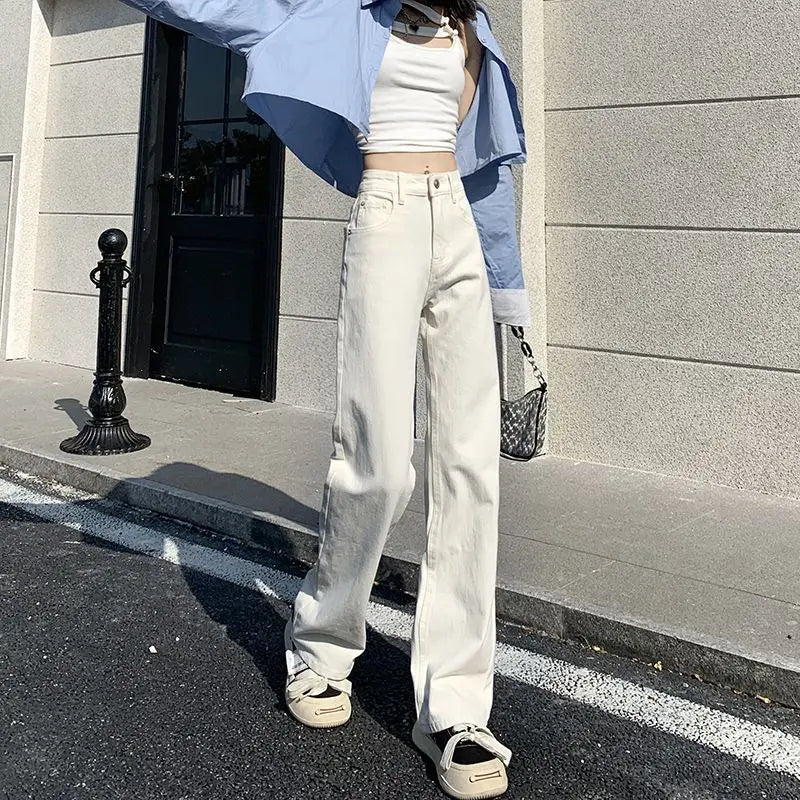 Calça Jeans Branca Feminina de Cintura Alta Jeans Branca Y2k Perna Larga Folgada