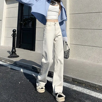 Calça Jeans Branca Feminina de Cintura Alta Jeans Branca Y2k Perna Larga Folgada