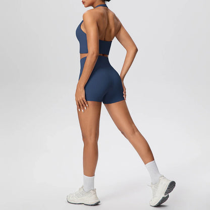 2picese Women Yoga Suit Solid Color High Waist Hip Push Up Fitness Shorts Sexy Pilates Backless Gym Hanging Neck Bra Yoga Set