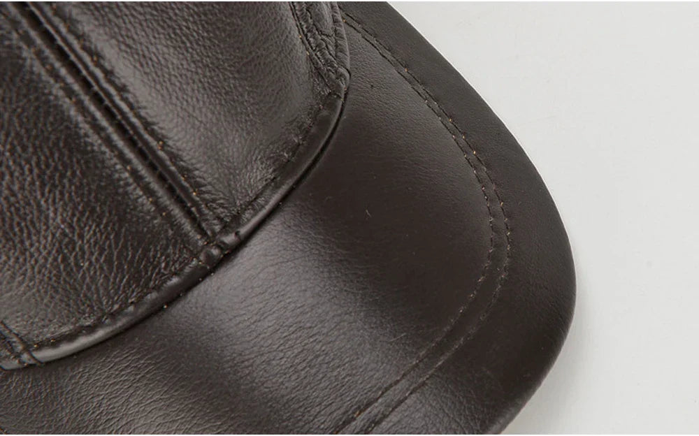 Casual Real Leather Earflap Cap Men's Real Cowhide Leather Caps Male Fall Winter Genuine Real Cow Leather Baseball Hats