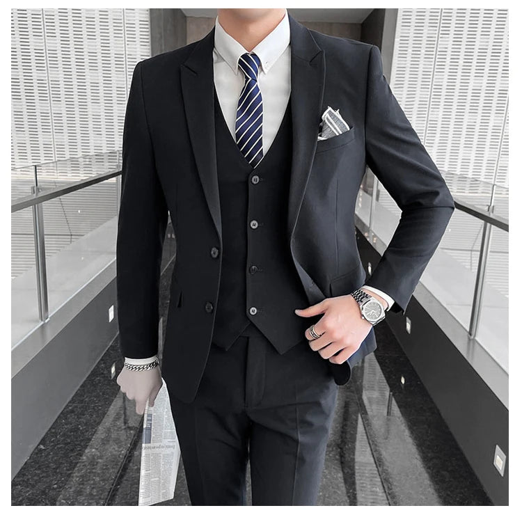 Conjunto de Terno Masculino de Negócios Slim Fit Três Peças 2025 de Alto Padrão Estilo Coreano para Casamento Noivo Festa Terno Colete Calças M-4XL