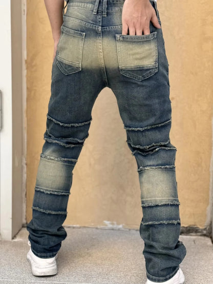 Calça Jeans Masculina Moderna Com Design Exclusivo Efeito Clássico Desgastado Barras Desfiadas E Tecido Remendado Liderando A Tendência Da Moda.