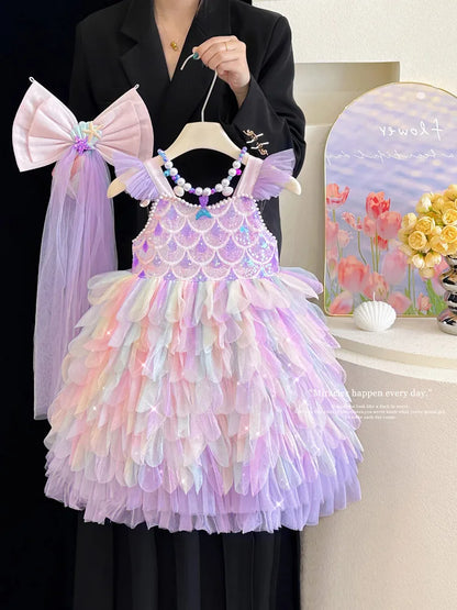 A Sweet and Lovely Girls' Mermaid Dress in Light Purple, Hot Sale Colorful Sparkling Sequin Party Outfit