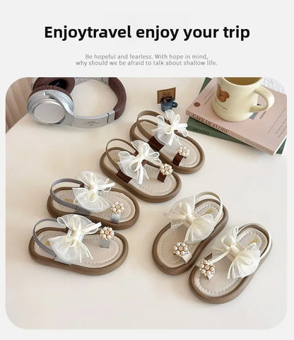 Summer Girl's Sandals Clip-toe Bowknot Elastic Band Soft Sole Kids Sliders Beautiful Pu Leather Chunky Morden Children Shoes