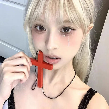 New Gothic Cool Y2K Wood Cross Pendants Necklaces Unisex Black White Red Hip Hop Charm Chain Choker Necklace Fashion Jewelry