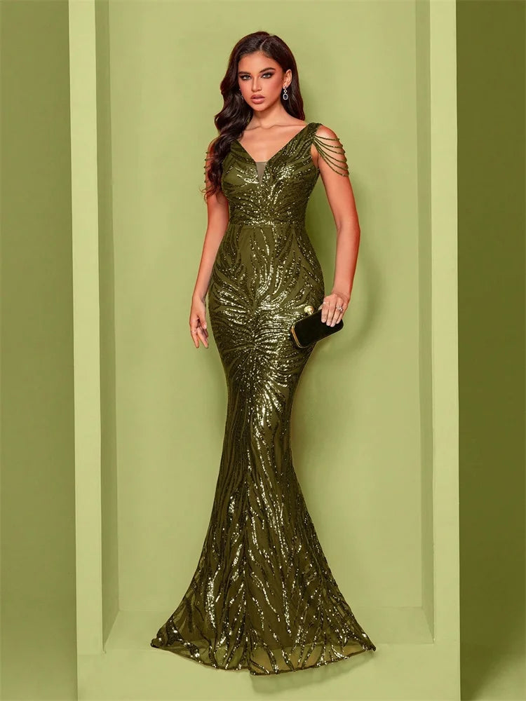 Elegant V-Neck Beading Green Sequin Evening Dress Long New Luxury Women Formal Mermaid Party Prom Cocktail Gowns