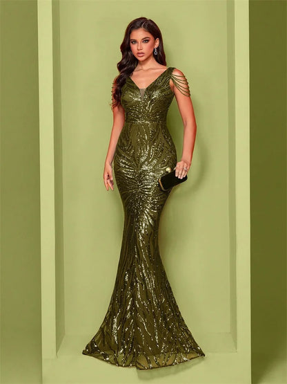 Elegant V-Neck Beading Green Sequin Evening Dress Long New Luxury Women Formal Mermaid Party Prom Cocktail Gowns
